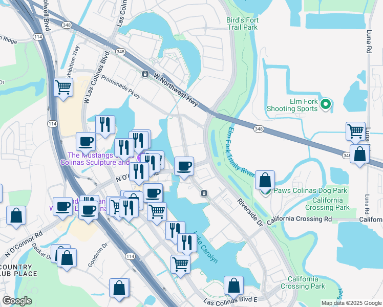 map of restaurants, bars, coffee shops, grocery stores, and more near 1001 Lake Carolyn Parkway in Irving