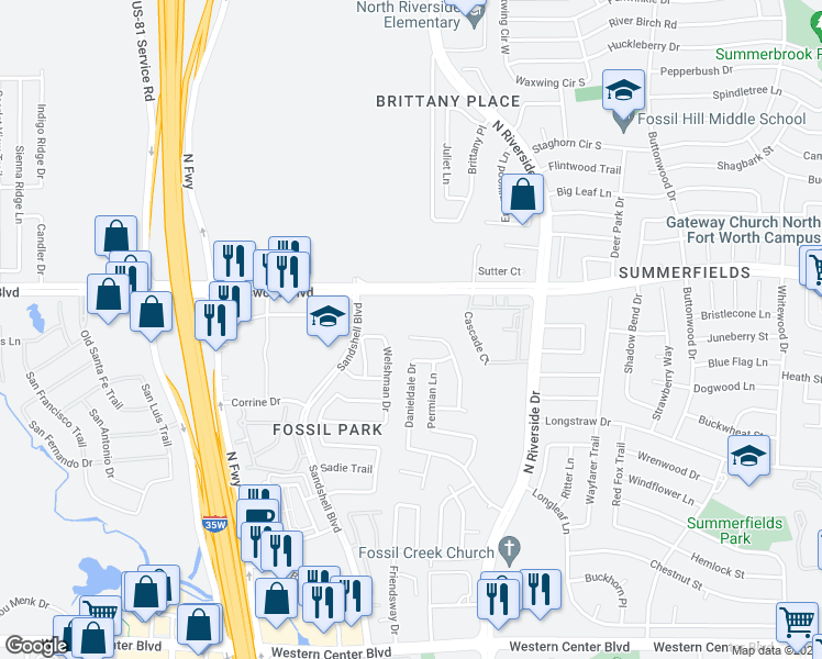 map of restaurants, bars, coffee shops, grocery stores, and more near 6936 Genevieve Drive in Fort Worth