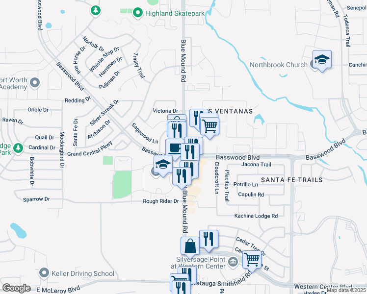 map of restaurants, bars, coffee shops, grocery stores, and more near 6960 Blue Mound Road in Fort Worth