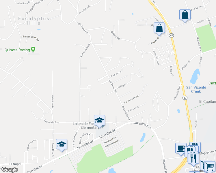 map of restaurants, bars, coffee shops, grocery stores, and more near 10632 Valle Vista Road in Lakeside