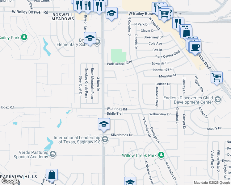 map of restaurants, bars, coffee shops, grocery stores, and more near 724 Shadow River Drive in Fort Worth