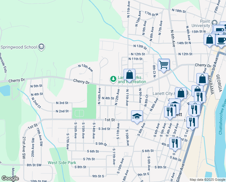 map of restaurants, bars, coffee shops, grocery stores, and more near 405 North 12th Court in Lanett