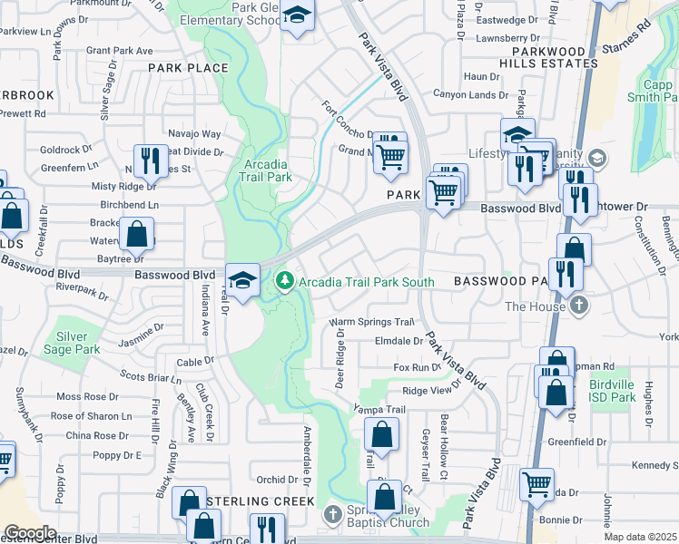 map of restaurants, bars, coffee shops, grocery stores, and more near 5128 White Hills Drive in Fort Worth