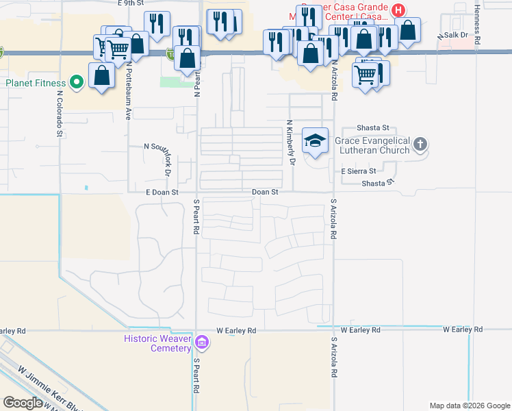 map of restaurants, bars, coffee shops, grocery stores, and more near 1604 East Drayman Drive in Casa Grande