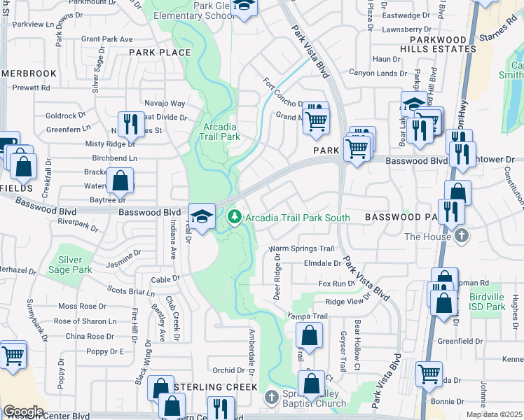 map of restaurants, bars, coffee shops, grocery stores, and more near 5117 Shell Creek Drive in Fort Worth