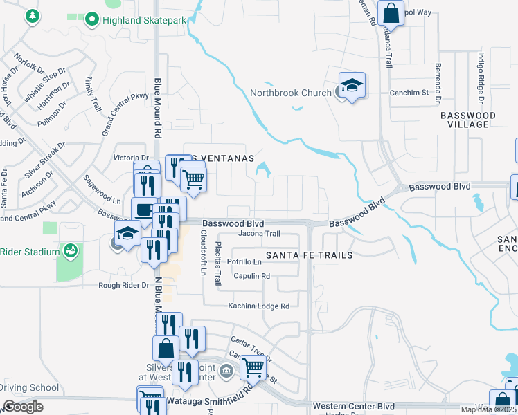 map of restaurants, bars, coffee shops, grocery stores, and more near 7202 Montosa Trail in Fort Worth