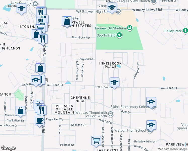 map of restaurants, bars, coffee shops, grocery stores, and more near 7451 Bowman Roberts Road in Fort Worth