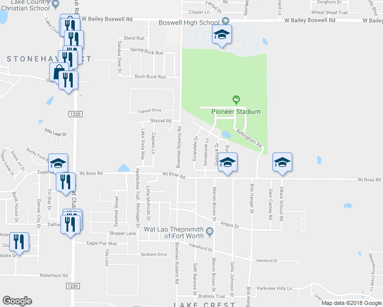 map of restaurants, bars, coffee shops, grocery stores, and more near 7433 Errandale Drive in Fort Worth