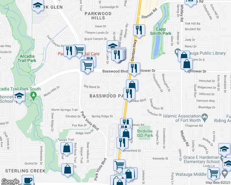 map of restaurants, bars, coffee shops, grocery stores, and more near 7232 Lindentree Lane in Fort Worth