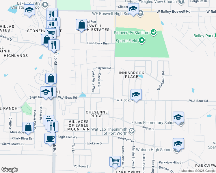 map of restaurants, bars, coffee shops, grocery stores, and more near 7451 Bowman Roberts Road in Fort Worth
