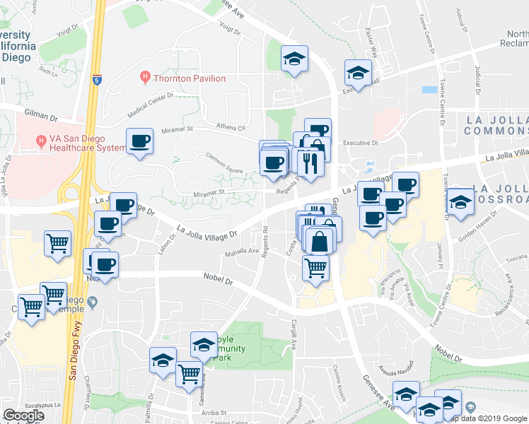 map of restaurants, bars, coffee shops, grocery stores, and more near 4059 La Jolla Village Drive in San Diego
