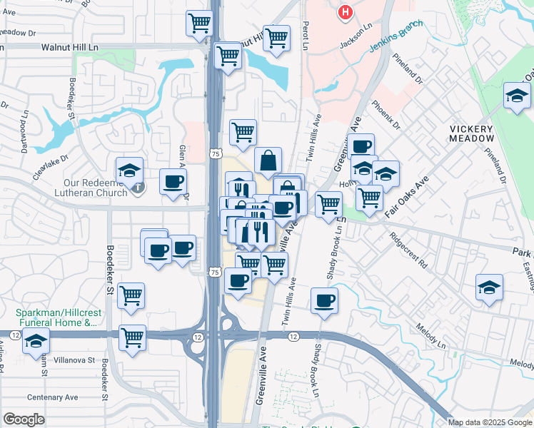 map of restaurants, bars, coffee shops, grocery stores, and more near 8070 Park Lane in Dallas