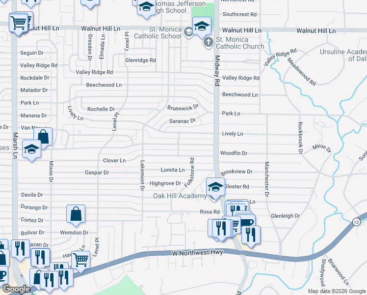 map of restaurants, bars, coffee shops, grocery stores, and more near 4105 Clover Lane in Dallas