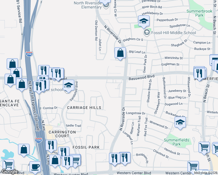 map of restaurants, bars, coffee shops, grocery stores, and more near 7324 Cascade Court in Fort Worth