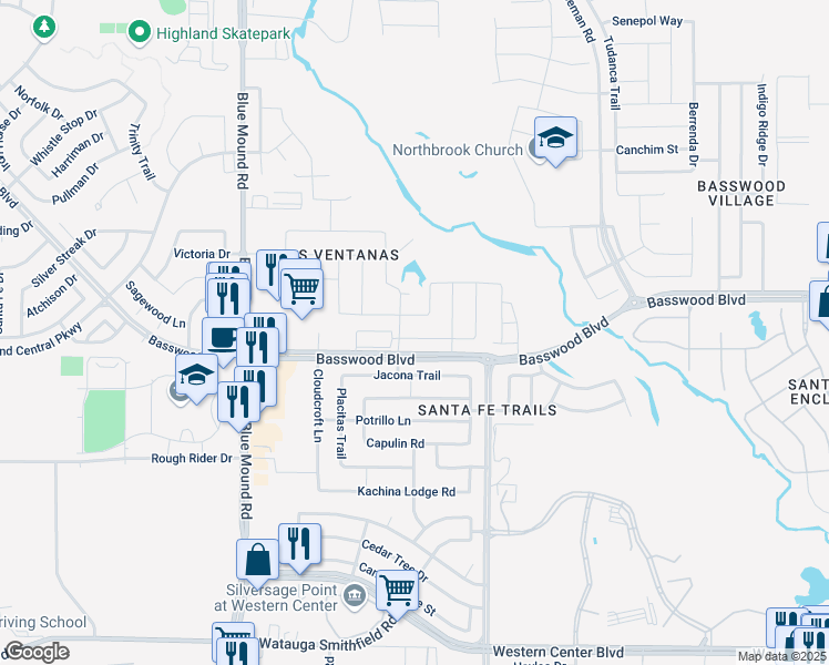 map of restaurants, bars, coffee shops, grocery stores, and more near 7202 Montosa Trail in Fort Worth