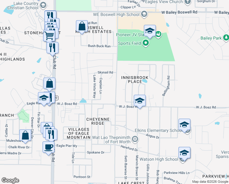 map of restaurants, bars, coffee shops, grocery stores, and more near 7451 Bowman Roberts Road in Fort Worth