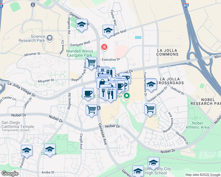 map of restaurants, bars, coffee shops, grocery stores, and more near 4401 La Jolla Village Drive in San Diego