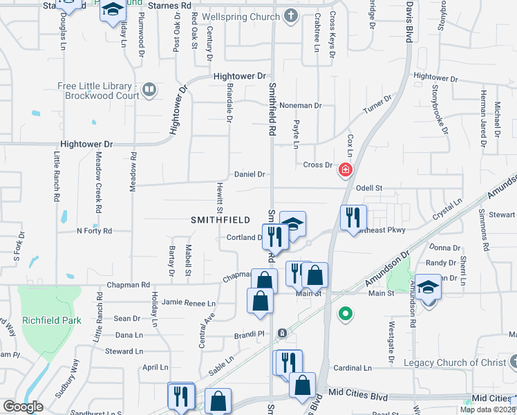 map of restaurants, bars, coffee shops, grocery stores, and more near 6809 Smithfield Road in North Richland Hills