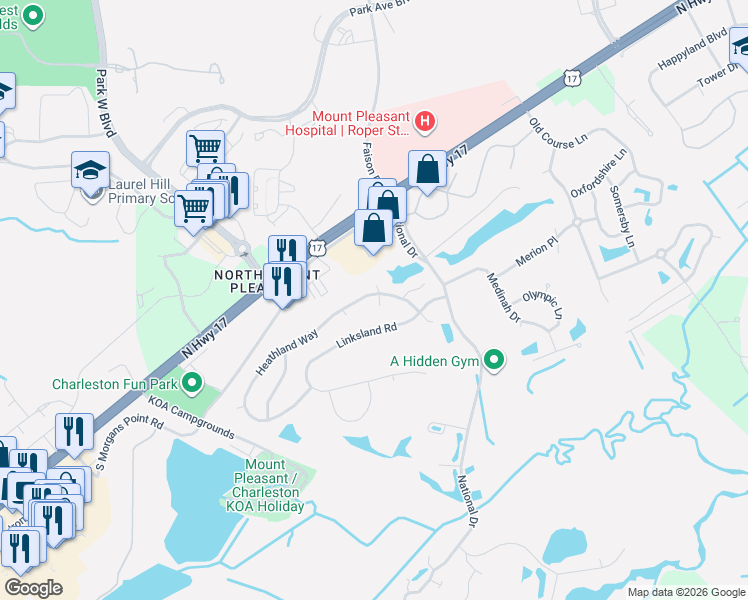 map of restaurants, bars, coffee shops, grocery stores, and more near 3169 Linksland Road in Mount Pleasant