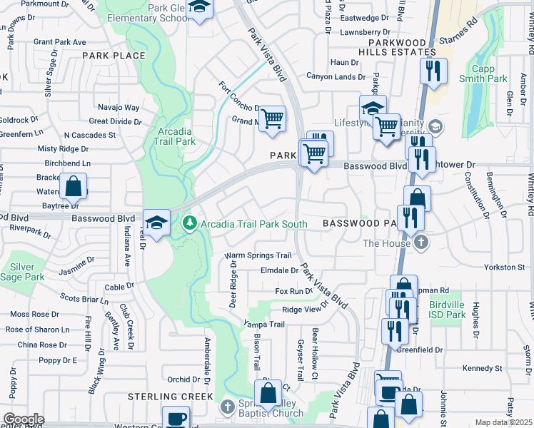 map of restaurants, bars, coffee shops, grocery stores, and more near 7162 Stillwater Court in Fort Worth