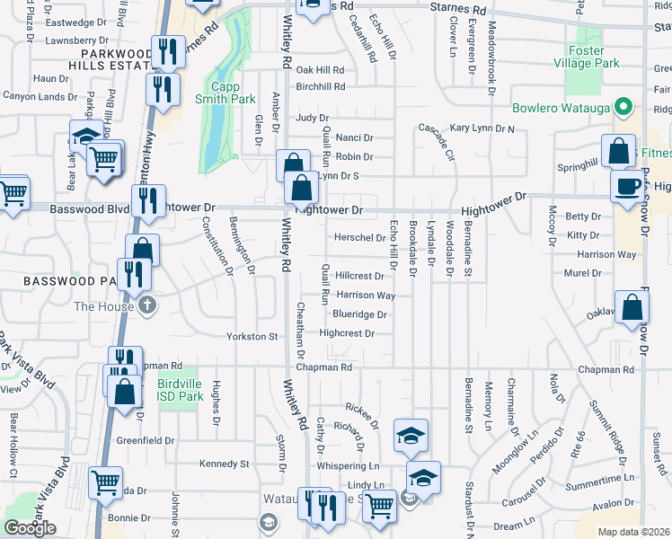 map of restaurants, bars, coffee shops, grocery stores, and more near 6009 Harrison Way in Watauga