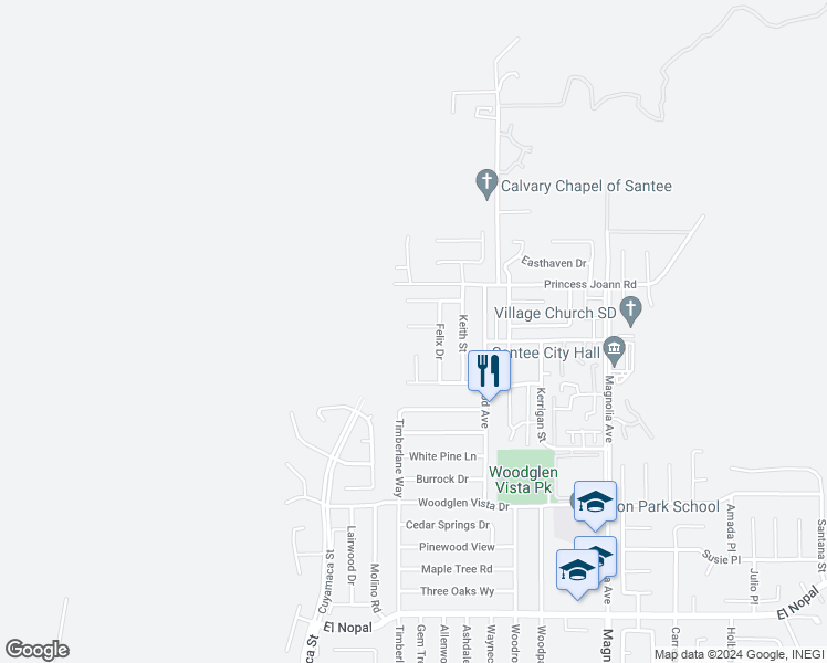 map of restaurants, bars, coffee shops, grocery stores, and more near 10039 Trenchard Street in Santee