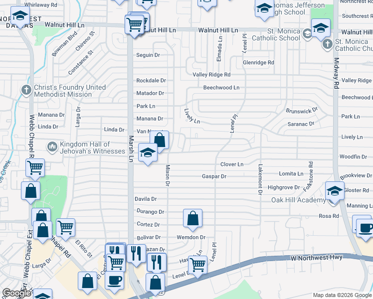 map of restaurants, bars, coffee shops, grocery stores, and more near 3819 Clover Lane in Dallas