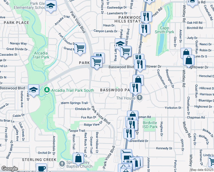 map of restaurants, bars, coffee shops, grocery stores, and more near 5509 Crater Lake Drive in Fort Worth