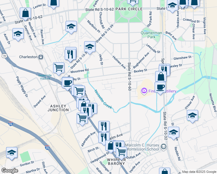 map of restaurants, bars, coffee shops, grocery stores, and more near 4171 S Rhett Ave in Charleston
