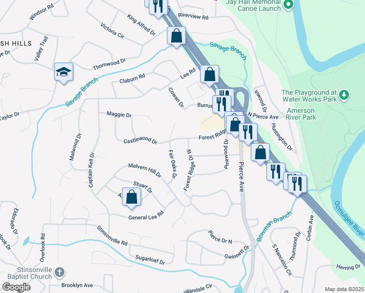 map of restaurants, bars, coffee shops, grocery stores, and more near 792 Forest Ridge Drive West in Macon