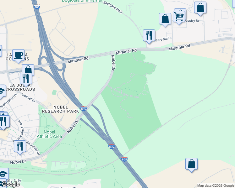 map of restaurants, bars, coffee shops, grocery stores, and more near 5795 Nobel Drive in San Diego