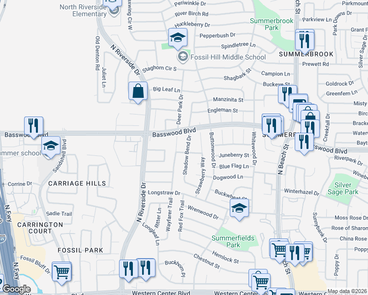 map of restaurants, bars, coffee shops, grocery stores, and more near 7212 Shadow Bend Drive in Fort Worth