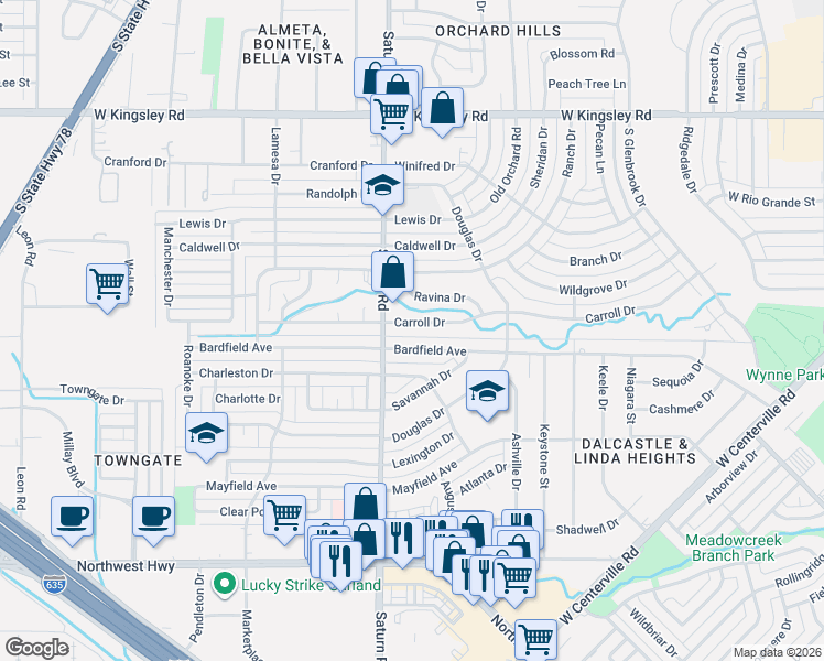 map of restaurants, bars, coffee shops, grocery stores, and more near 1310 Carroll Drive in Garland