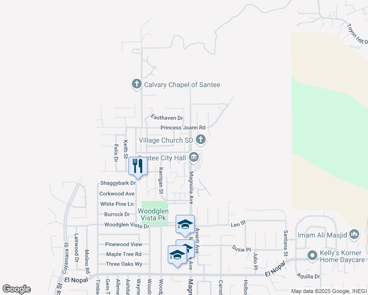 map of restaurants, bars, coffee shops, grocery stores, and more near 10382 Alphonse Street in Santee