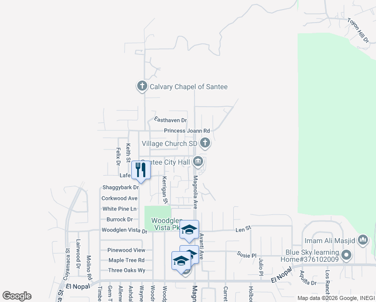 map of restaurants, bars, coffee shops, grocery stores, and more near 10382 Alphonse Street in Santee