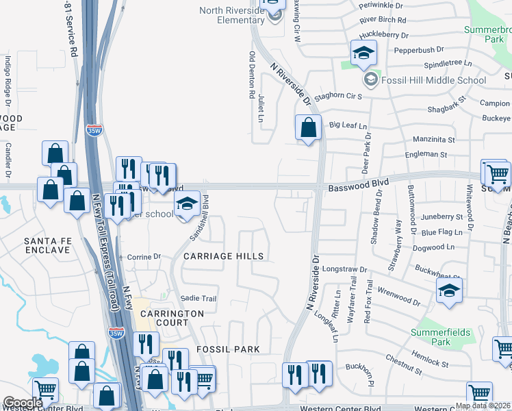 map of restaurants, bars, coffee shops, grocery stores, and more near 3600 Basswood Boulevard in Fort Worth