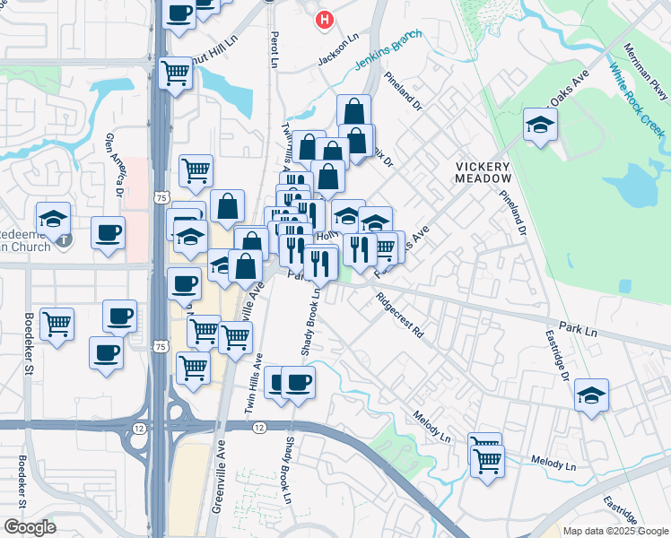 map of restaurants, bars, coffee shops, grocery stores, and more near 8333 Park Lane in Dallas