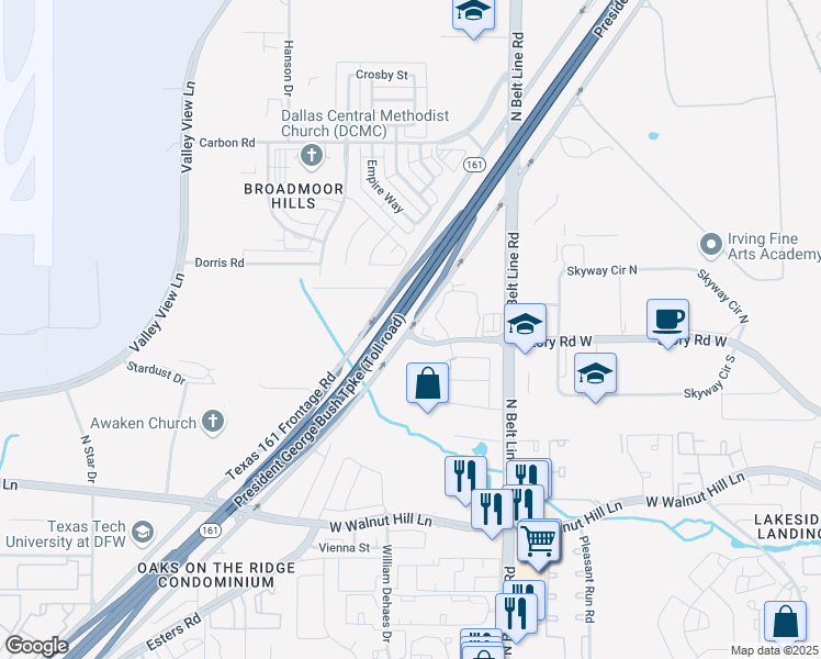 map of restaurants, bars, coffee shops, grocery stores, and more near Highway 161 in Irving