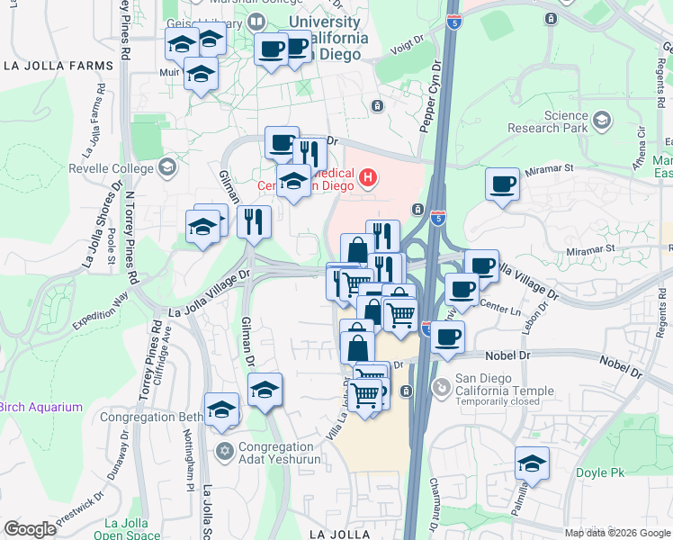 map of restaurants, bars, coffee shops, grocery stores, and more near La Jolla Village Dr & Villa La Jolla Dr in San Diego