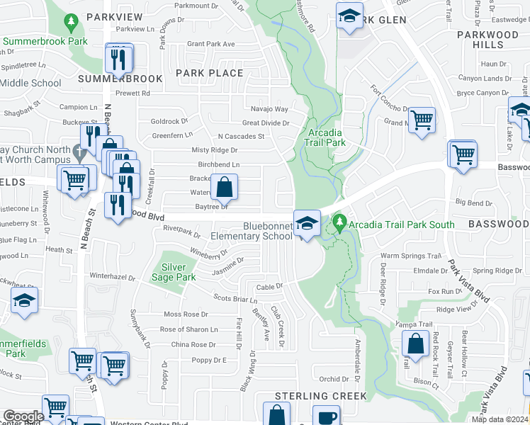 map of restaurants, bars, coffee shops, grocery stores, and more near 7400 Blackthorn Drive in Fort Worth
