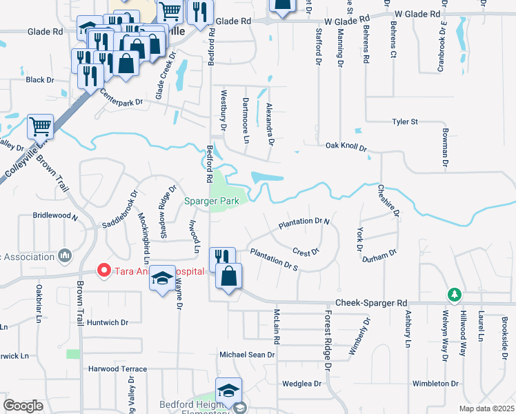 map of restaurants, bars, coffee shops, grocery stores, and more near 4315 Bedford Road in Colleyville