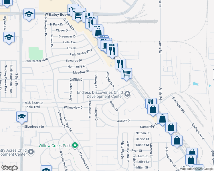 map of restaurants, bars, coffee shops, grocery stores, and more near 308 Shea Lane in Saginaw