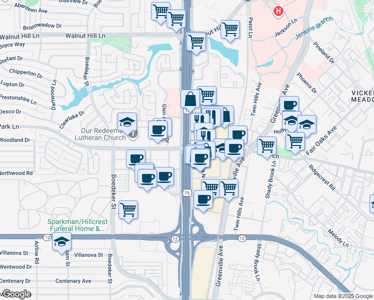map of restaurants, bars, coffee shops, grocery stores, and more near 8016 Park Lane in Dallas