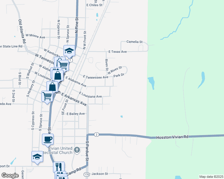 map of restaurants, bars, coffee shops, grocery stores, and more near 620 East Alabama Avenue in Vivian