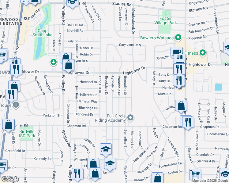 map of restaurants, bars, coffee shops, grocery stores, and more near 6928 Lyndale Drive in Watauga