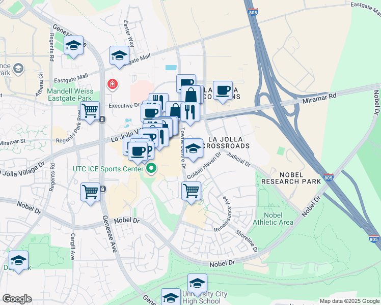map of restaurants, bars, coffee shops, grocery stores, and more near 9171 Towne Centre Drive in San Diego