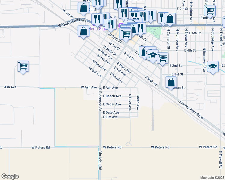 map of restaurants, bars, coffee shops, grocery stores, and more near 209 East 3rd Avenue in Casa Grande