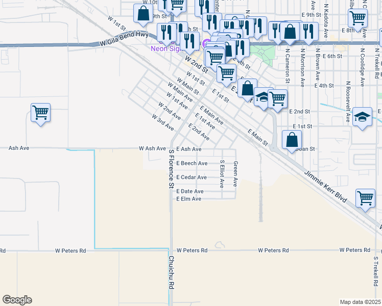 map of restaurants, bars, coffee shops, grocery stores, and more near 209 East 3rd Avenue in Casa Grande