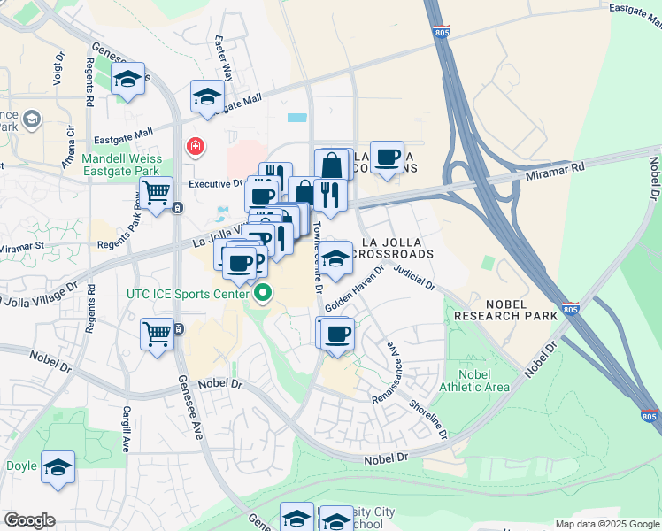map of restaurants, bars, coffee shops, grocery stores, and more near 9139-9169 Towne Centre Dr in San Diego