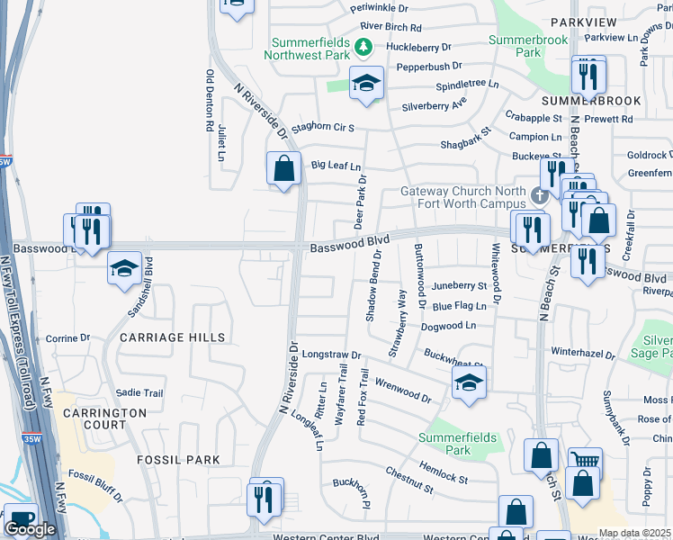 map of restaurants, bars, coffee shops, grocery stores, and more near 7321 Wayfarer Trail in Fort Worth